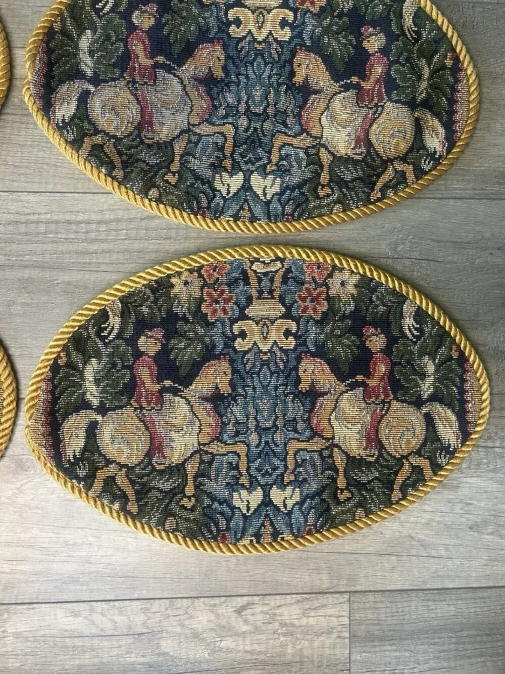 Set 6 Equestrian Horse Tapestry Oval Placemats Gold Cord English Country Vintage